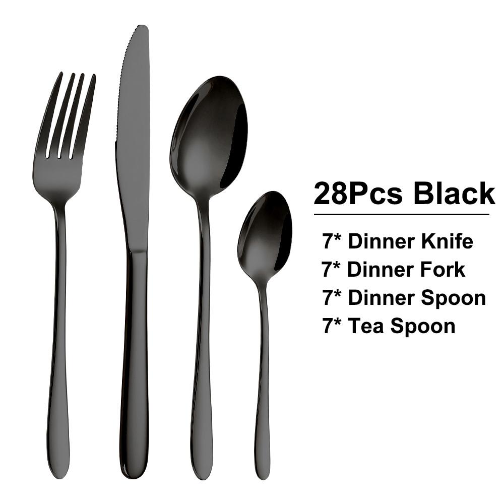 24/28/32 Pieces Black Tableware Stainless Steel Western Cutlery Set Elegant Dinner Set Mirror Knife Fork Spoon Kitchen Utensils