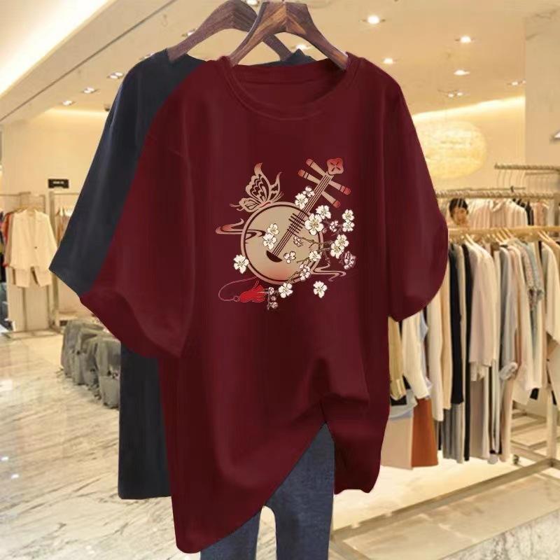 Cotton White Short-sleeved T-shirt Women's Medium and Long Summer 2025 New Printed Loose Large Size Round Neck Half-sleeved Top T