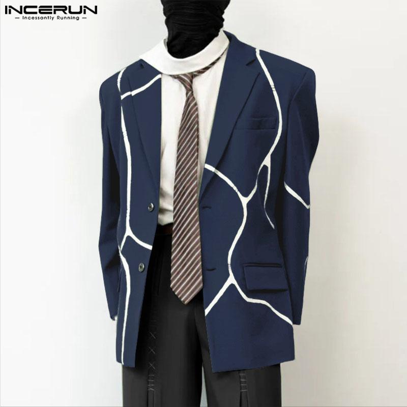 INCERUN Spring Autumn Men Lapel Neck Long Sleeve Button Print Thin Blazer Coats