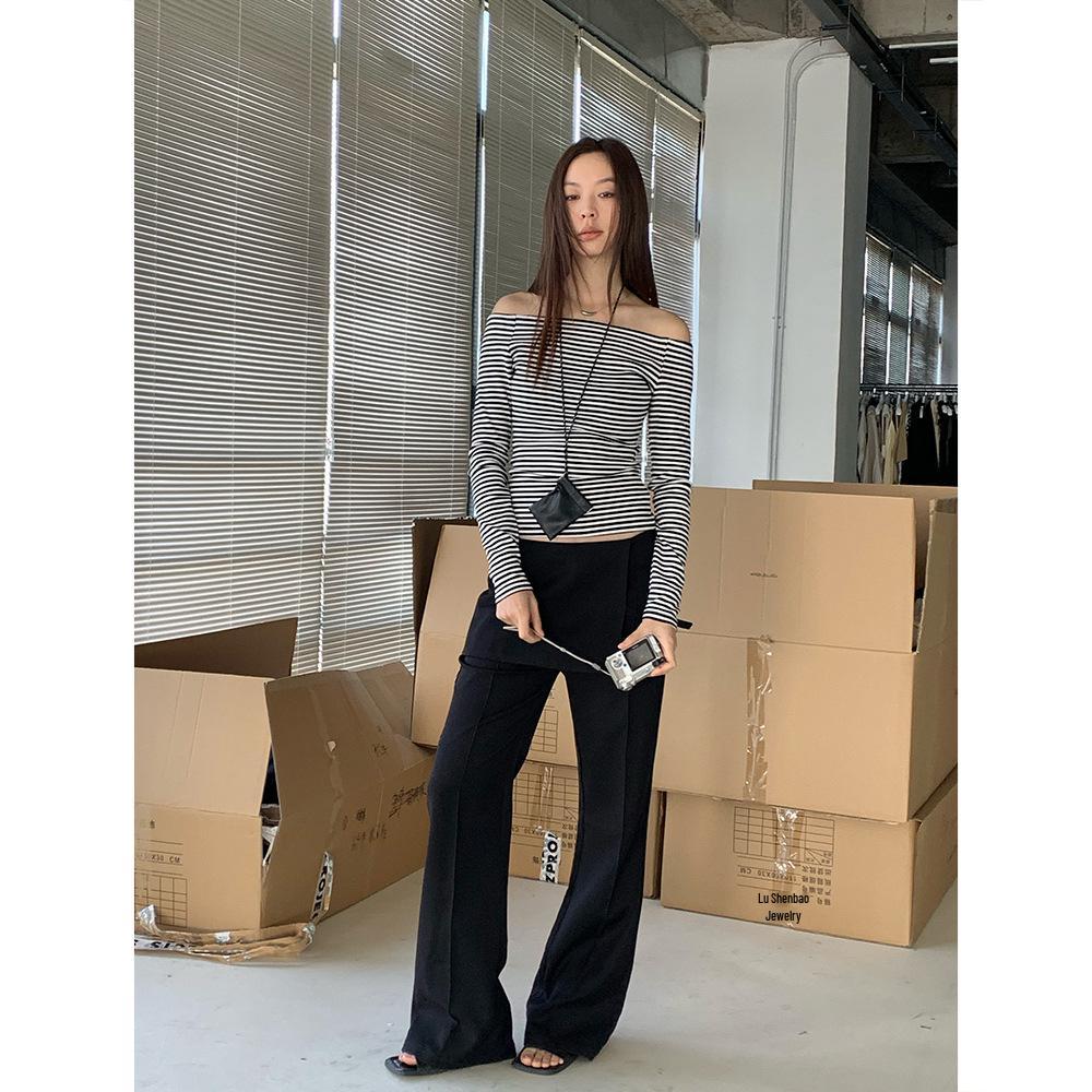 Dorothy Korea Spring Slim-Fit One-Shoulder Clavicle Long Sleeve T-Shirt Women