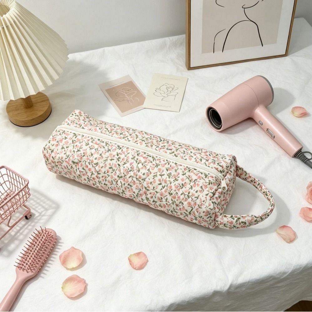 Soft Hair Dryer Storage Bag Quilting Cotton Large Capacity Curler Storage Bag Dustproof Zipper Closure Cosmetic Bag