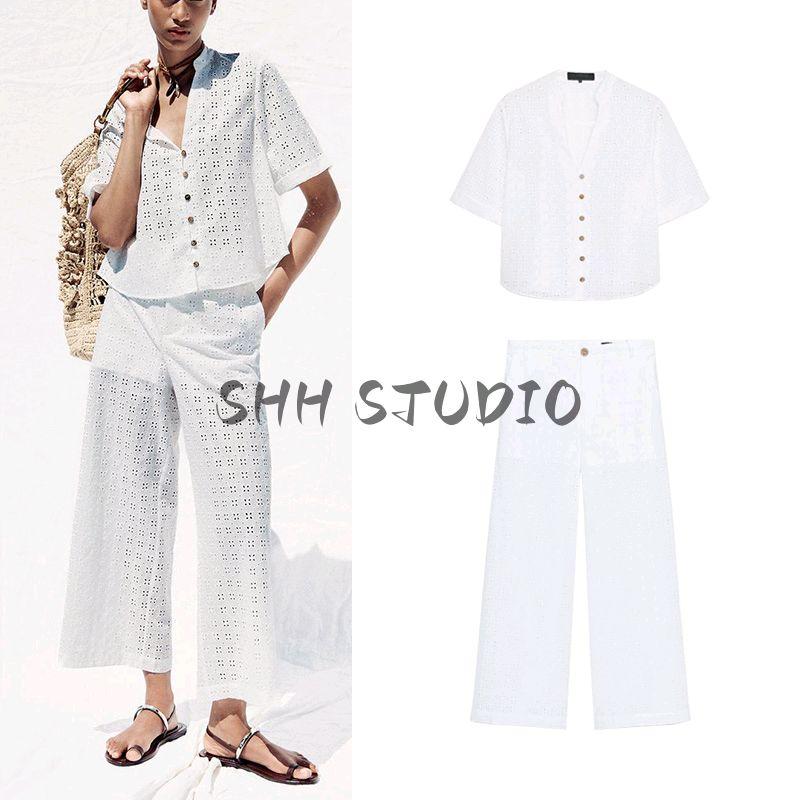 Summer New Cotton Cut Out Embroider Short Sleeve Shirt 2587076 High Waist Wide-Leg Casual Pants 2587077