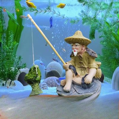 Fishing Old Man Resin Figure Statue Sitting Garden Aquarium Ornament Fisherman Scene Pool Micro-Landscape Bonsai Garden Craft