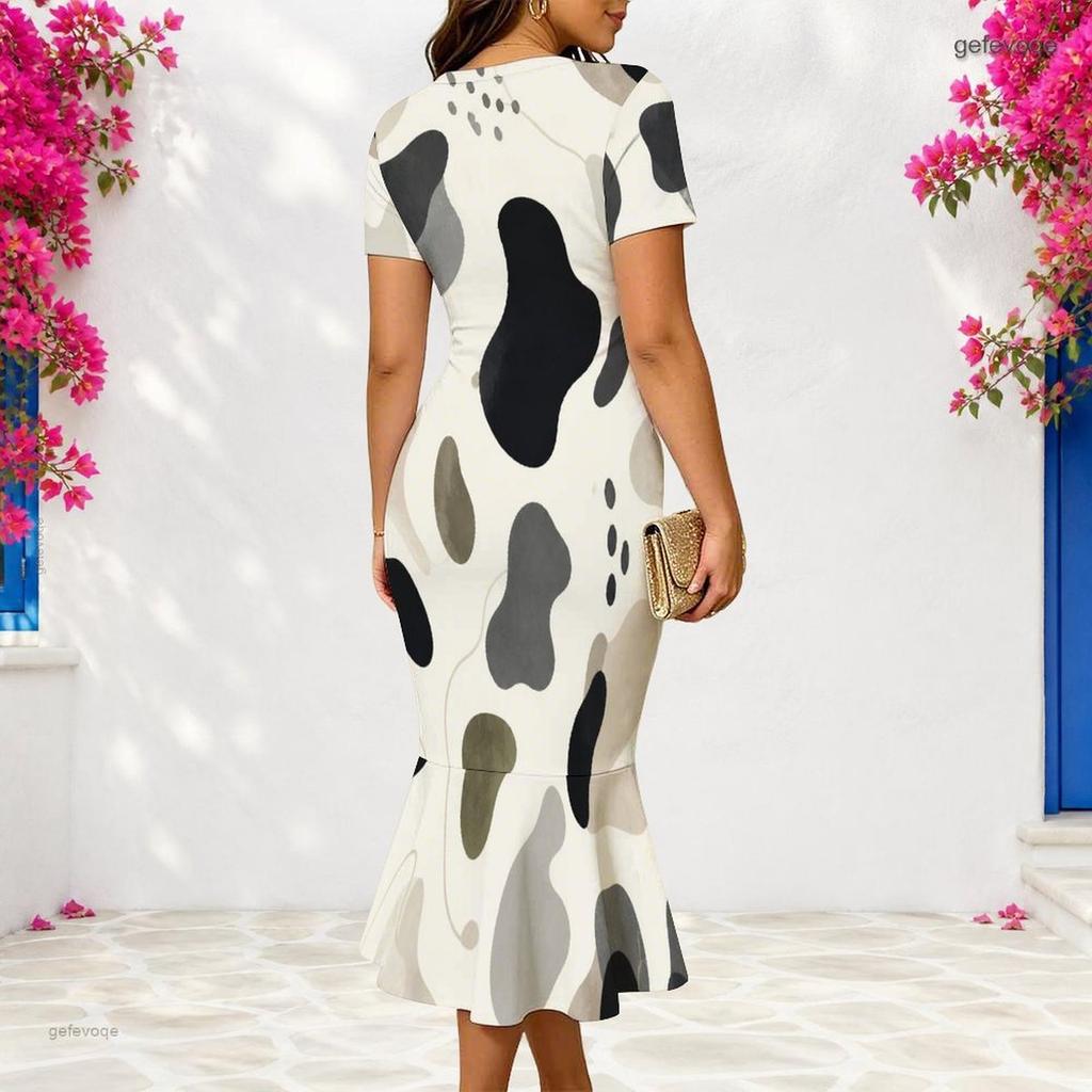Women Plus Size V Neck Short Sleeve Printed Fitted Fishtail Dress