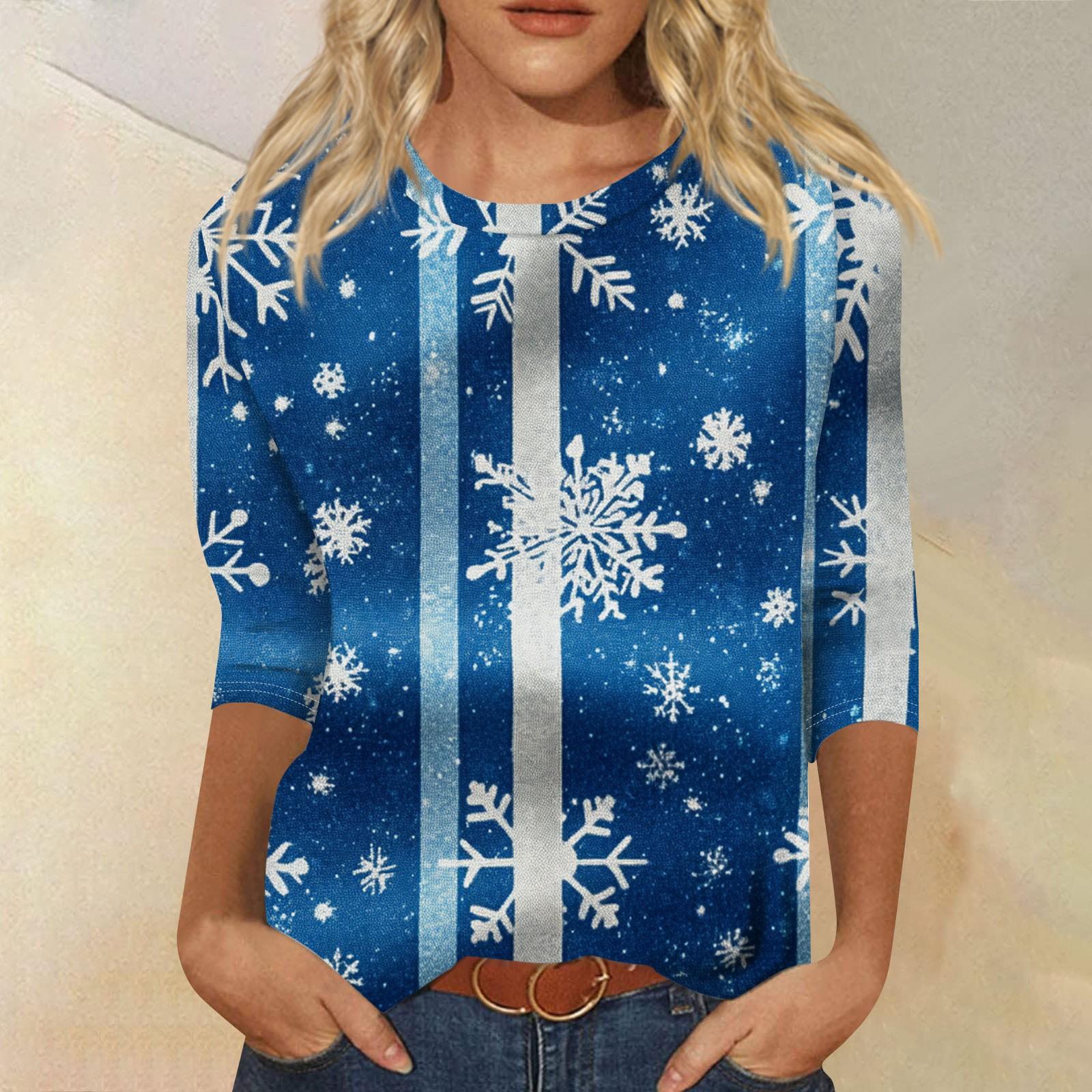 

Женская мода повседневная рубашка с круглым вырезом и рождественским принтом, семь рукавов M