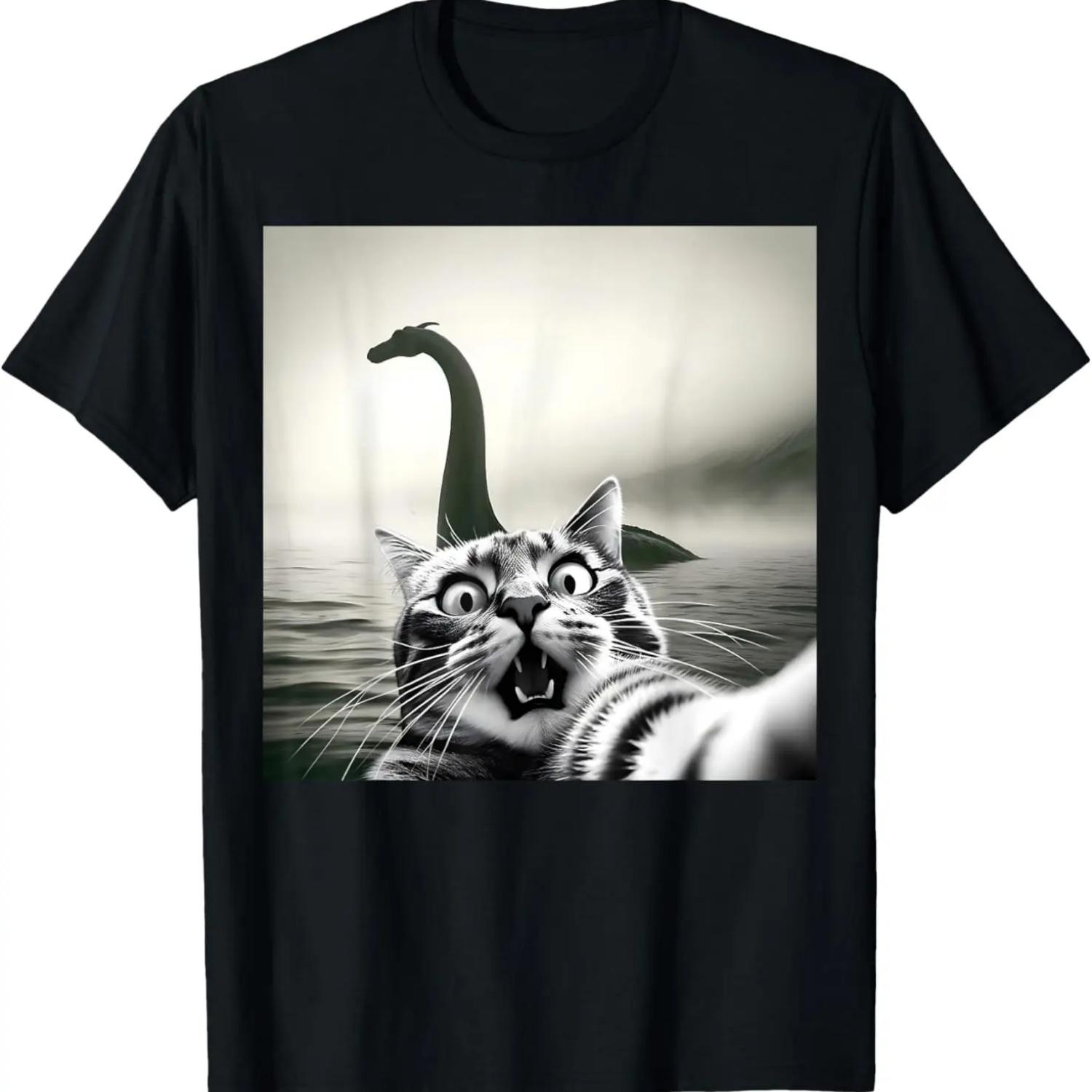 Loch Ness Monster Funny Surprised Scared Cat Selfie T-Shirt S чёрный