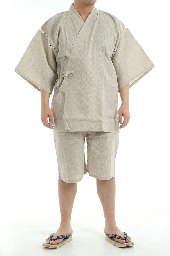 [Edoten] [Our Original!] Shijira-woven Jinbei with Japanese Pattern (Beige/Off-White) (XL, Festival Off-White)