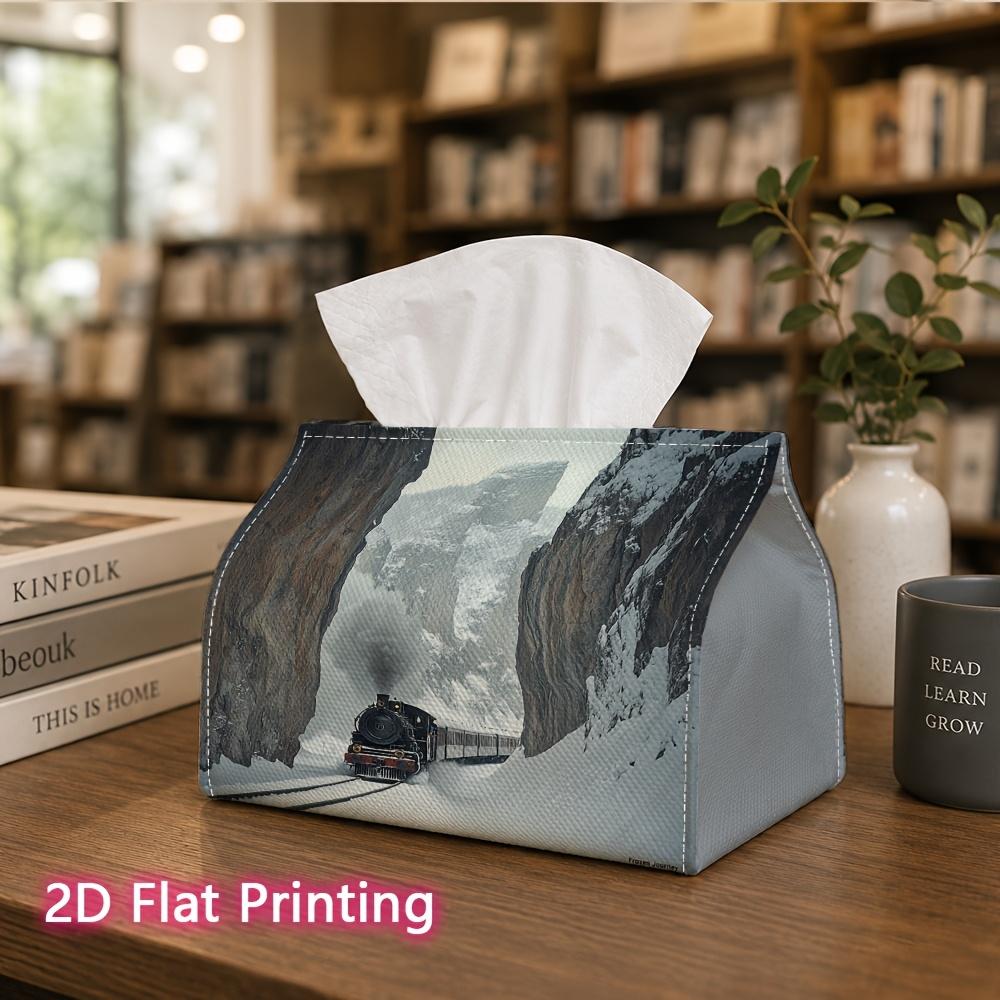 1pc, 2d Flat Printing, Tissue Box Vintage Train Patterns In the Snowy Valley Printed Tissue Box, Durable Decoration, Living Room, Bedroom, and Carr, a