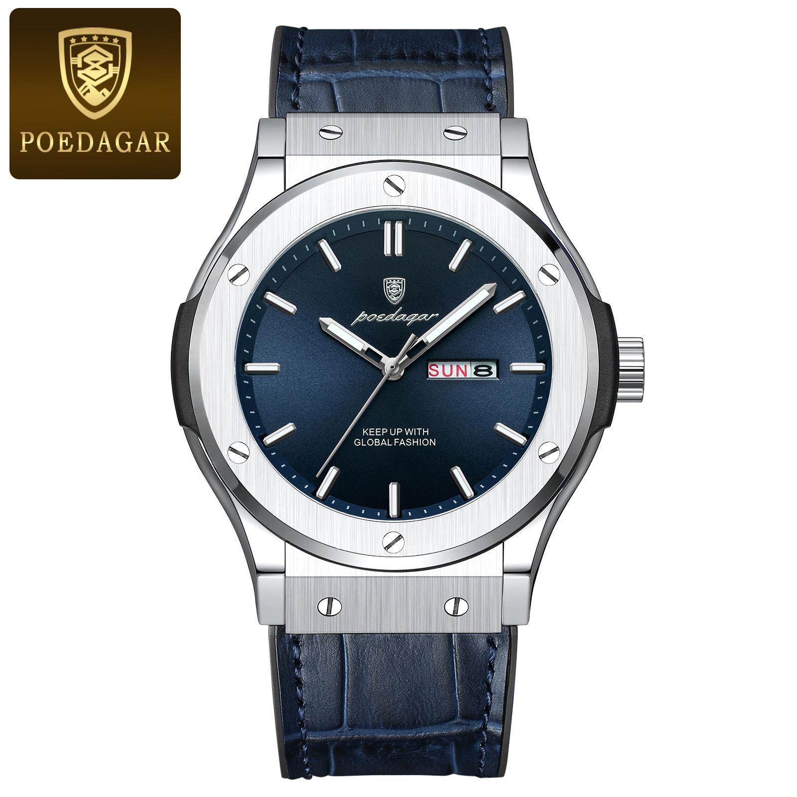 

POEDAGAR Luxury Business Watch for Men Waterproof Luminous Date Week Man Wristwatch Silicone Strap Fashion Quartz Watches синий/серебряный