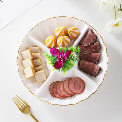Plat Divisé en Céramique à Bord Doré 10 pouces Marmite Ménagère Blanc Assiette à Snacks Fruits Secs Hôtel Vaisselle Simple