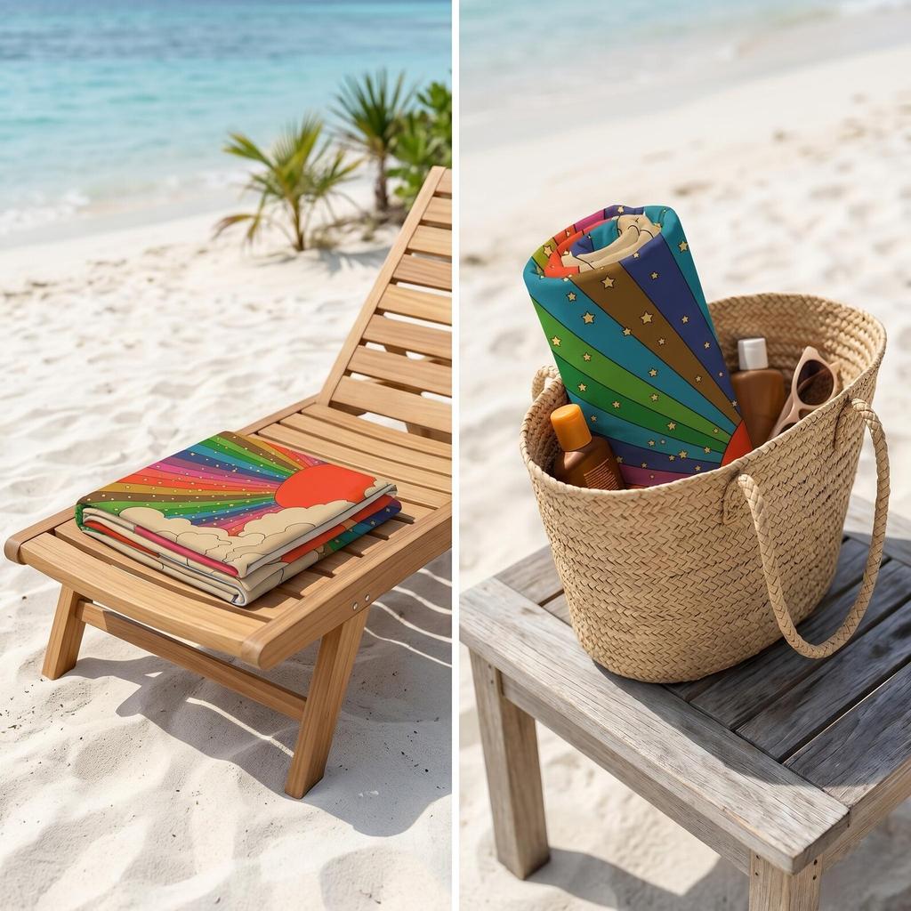 Retro Regenbogen Strandtuch 70er Groovy Sonne und Wolken Sommer Badetücher Badezimmerartikel Baby Sauna Spa Für Zuhause Reise Playa Fitnessstudio