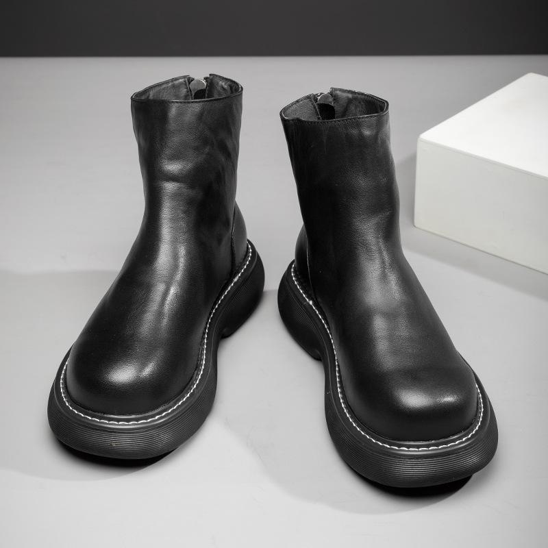 Platform-soled Chelsea Boots Men's Short Boots Trendy Fashion Men's Shoes High-top Casual Leather Shoes British Style Velvet Martin Boots