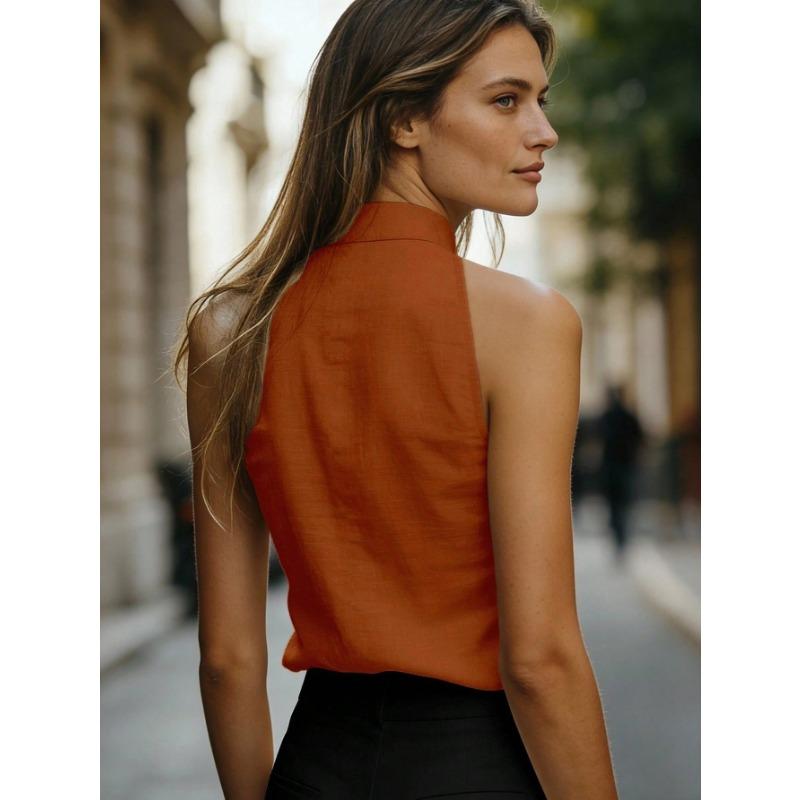 Womens Linen Blend Stand Collar Sleeveless Blouse Elegant Office Top