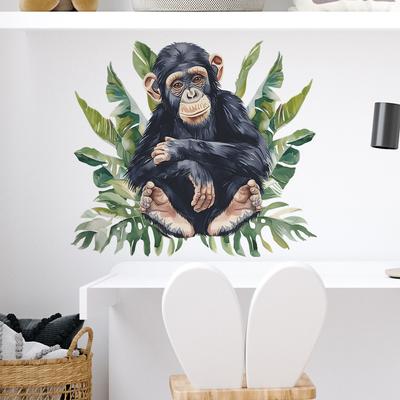 Cartoon Chimpanzee Green Plants Wall Sticker Self-Adhesive for Kids Bedroom Kindergarten Background Wall Decoration