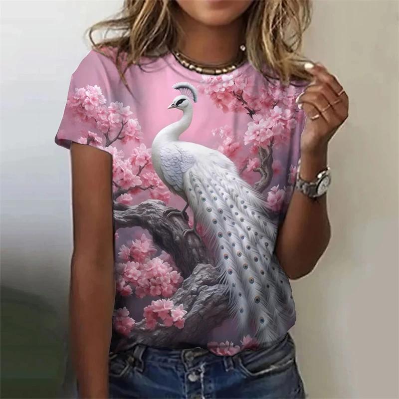 Fashion Retro Peacock Feather 3D Print Woman Harajuku Personality Short Sleevet Colorful O-neck Tops