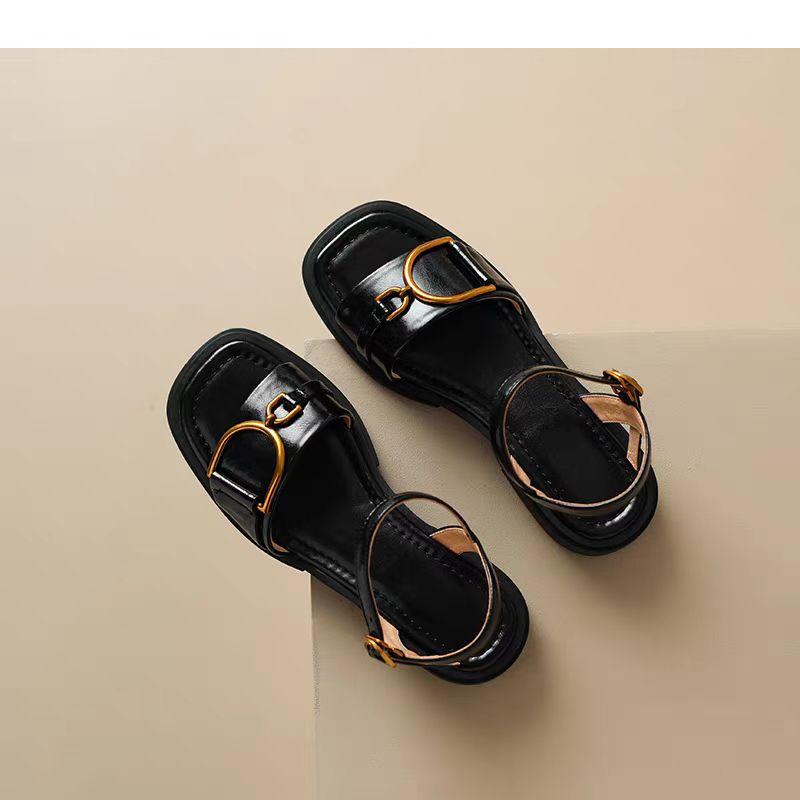 Women Sandals Square Toe Open Toe Low Heel One-line Buckle Metal Buckle Shoes Concise Style Plus-size Retro Sandalias De Mujer
