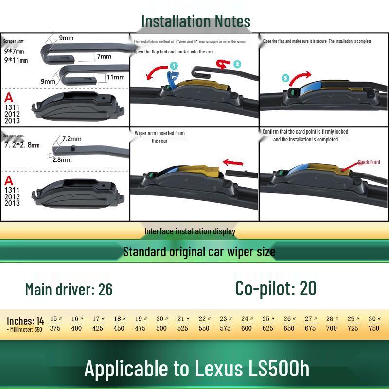 Lexus LS500h Frameless Silent Wiper Blade: Original, Multi-Function, Rubber Strip.