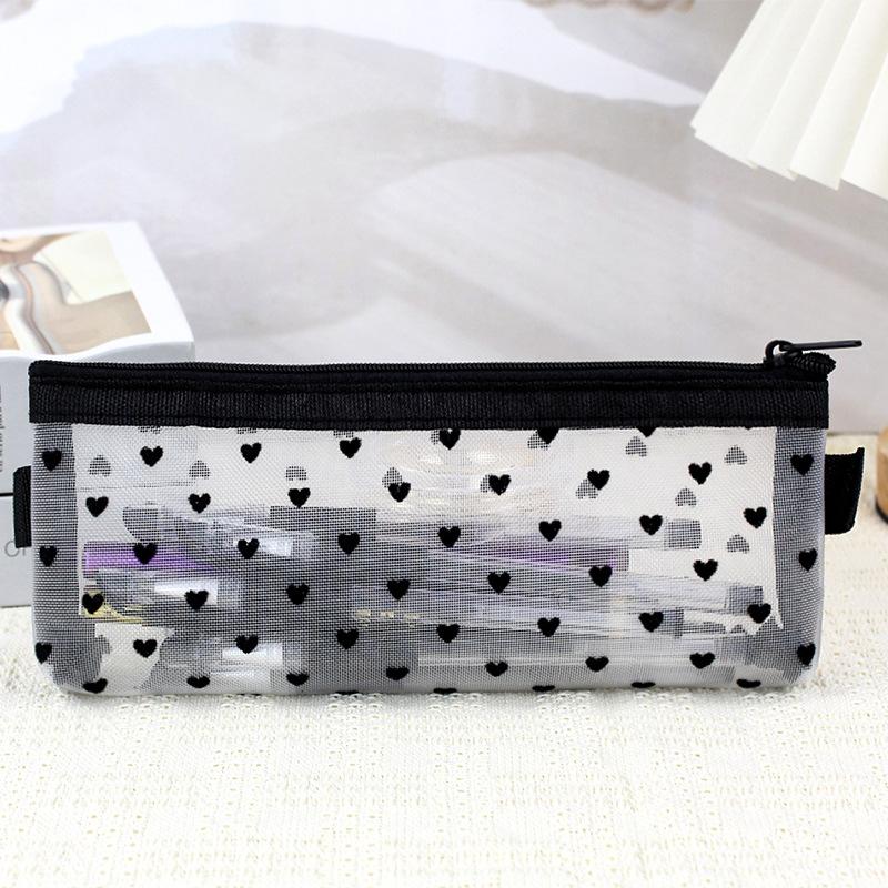 Mesh Cosmetic Makeup Bags Case Holder Cute Transparent Zipper Black Heart Printed Pencil Pen Case Pouch Convenient To Carry
