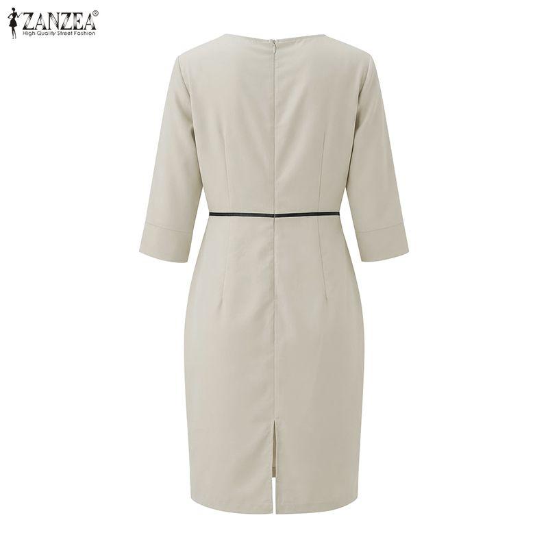 ZANZEA Women Casual Round Neck 3/4 Sleeve Elegant Sheath Dress