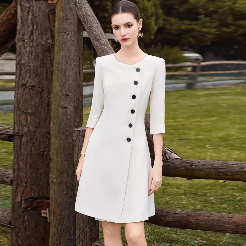 Stylish Beige A-Line Mid-Length Dress with Three-Quarter Sleeves and Round Neck for Spring/Summer