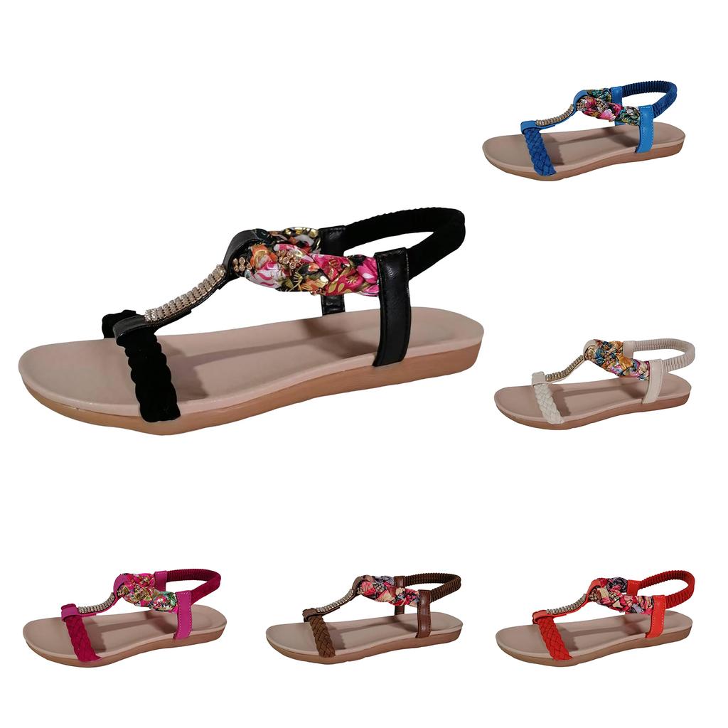Bohemian flat bottomed pearl woven elastic band beach sandals