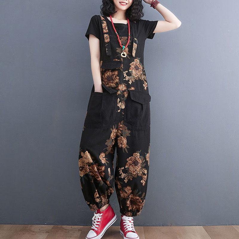 Women's Nine Split Jeans Overalls Casual Female Print Jumpsuit Loose Bloomers Oversized Rompers Suspenders Fashion