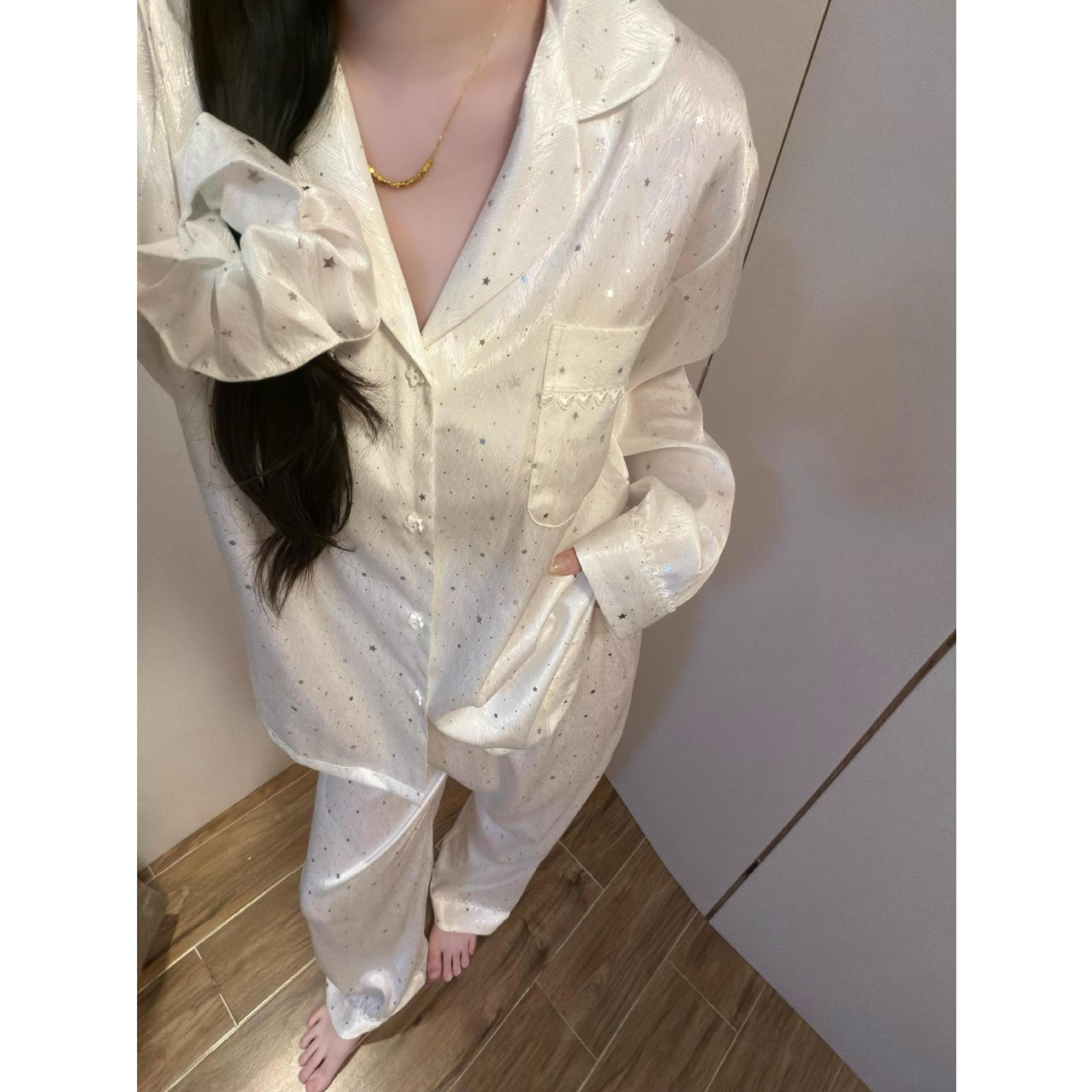 

Корейский легкий люкс звездный ледяной шелковый пижамный комплект для женщин, весна-осень, новый кардиган, брюки с длинным рукавом, можно носить на улице, костюм для отдыха M