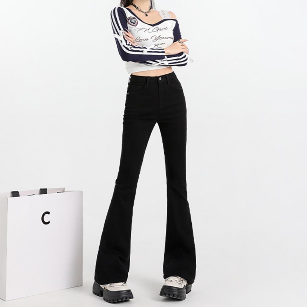 

Простая корейская версия джинсов микро-клеш с высокой посадкой для женской весны и осени, новые тонкие джинсы-клеш микро-моп 2XL чёрный