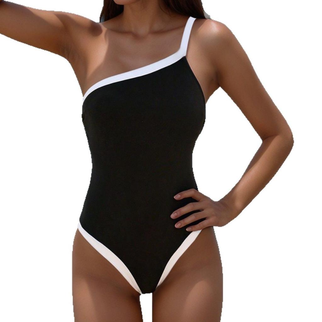 Women Spliced One Shoulder One Piece Swimsuit Beachwear Bathing Suits