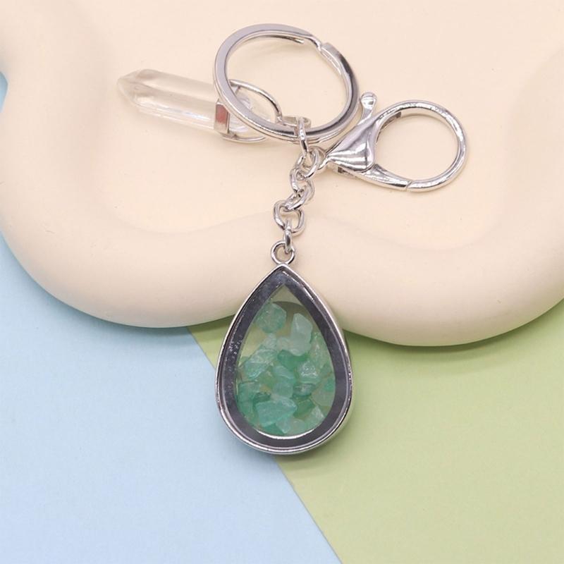 Natural Stone Crystals Teardrop Shape Photo Locket Keychain Featuring Diamonds Cut Designs for Sentimental Gifts