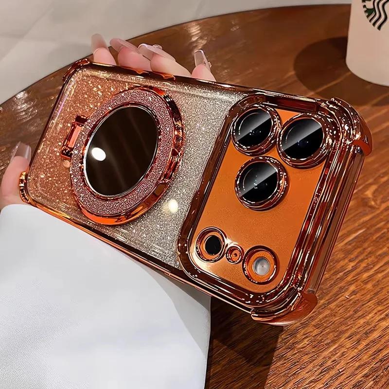 

Luxury Glitter Bracket Stand Case for iPhone 17 16 15 14 Pro Max Plus 12 13 Air Mirror Ring Holder Make Up Bling Gradient Cover iPhone 12 Pro