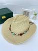 Womens Straw Western Hat With Beaded Band, Bohemian Beach Sun Hat For Summer Vacation