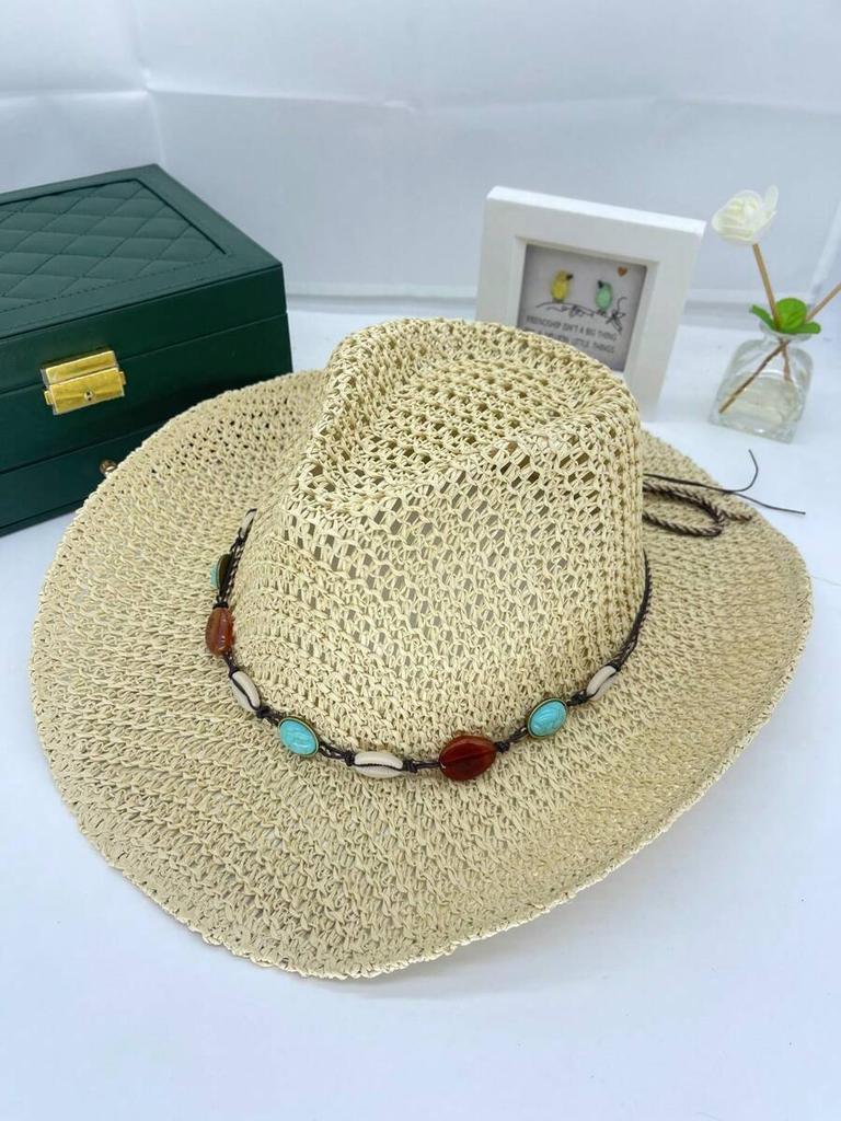Womens Straw Western Hat With Beaded Band, Bohemian Beach Sun Hat For Summer Vacation