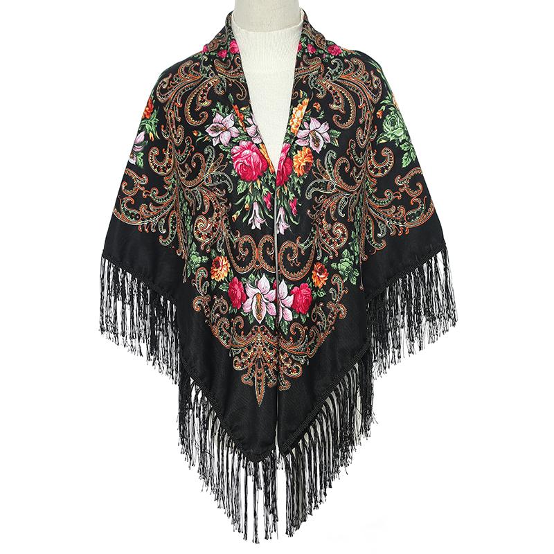 51*51In Square Women Scarf Shawl Ukrainian Embroidery Retro Fringed Cotton Print Scarves Hijab Wraps Russian Cape Bandana