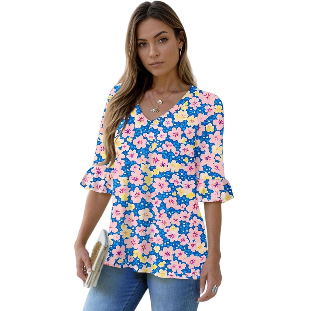 Women's Casual 3/4 Sleeve Tops V-Neck Sleeve T-Shirt Floral Print Tops