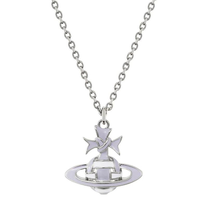 Vivienne Westwood Lilac Ribbon Brass Saturn Shaped Ribbon Decoration Wrapped Necklace Women necklace Silver Blue 630203FJ-02P599