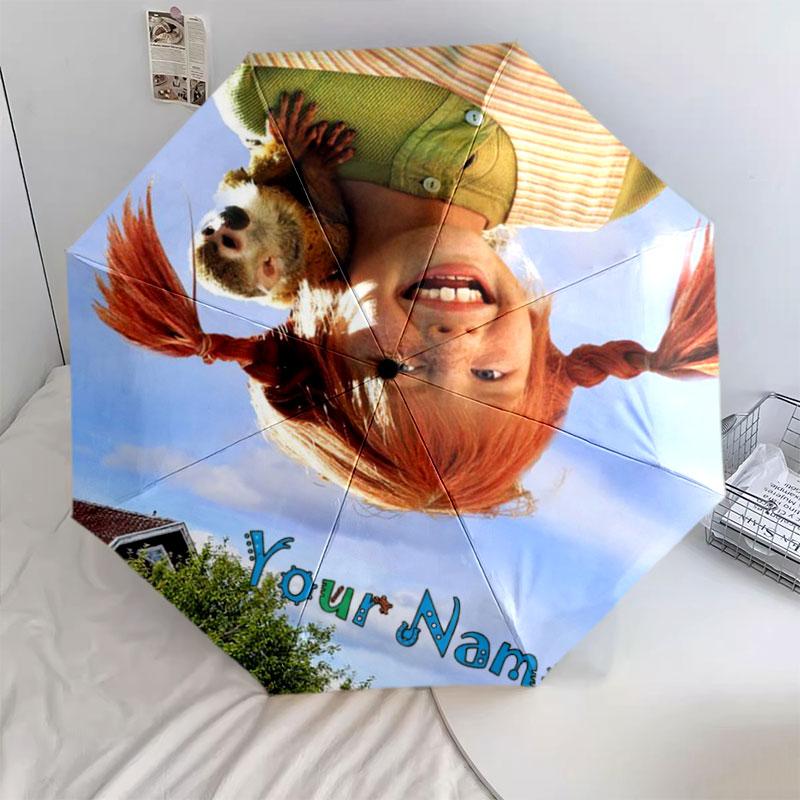 1 PC Automatic Folding Umbrella - Pippi Longstocking Custom Name Pattern, Portable & Foldable Design with 8 Ribs, Christmas Birthday Gifts