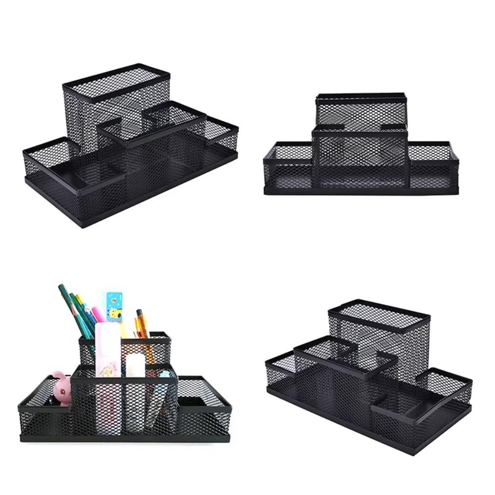 3/4 Grid Pen Holder Metal Desk Stationery Organizer School Supplies Pencil Storage Box Student