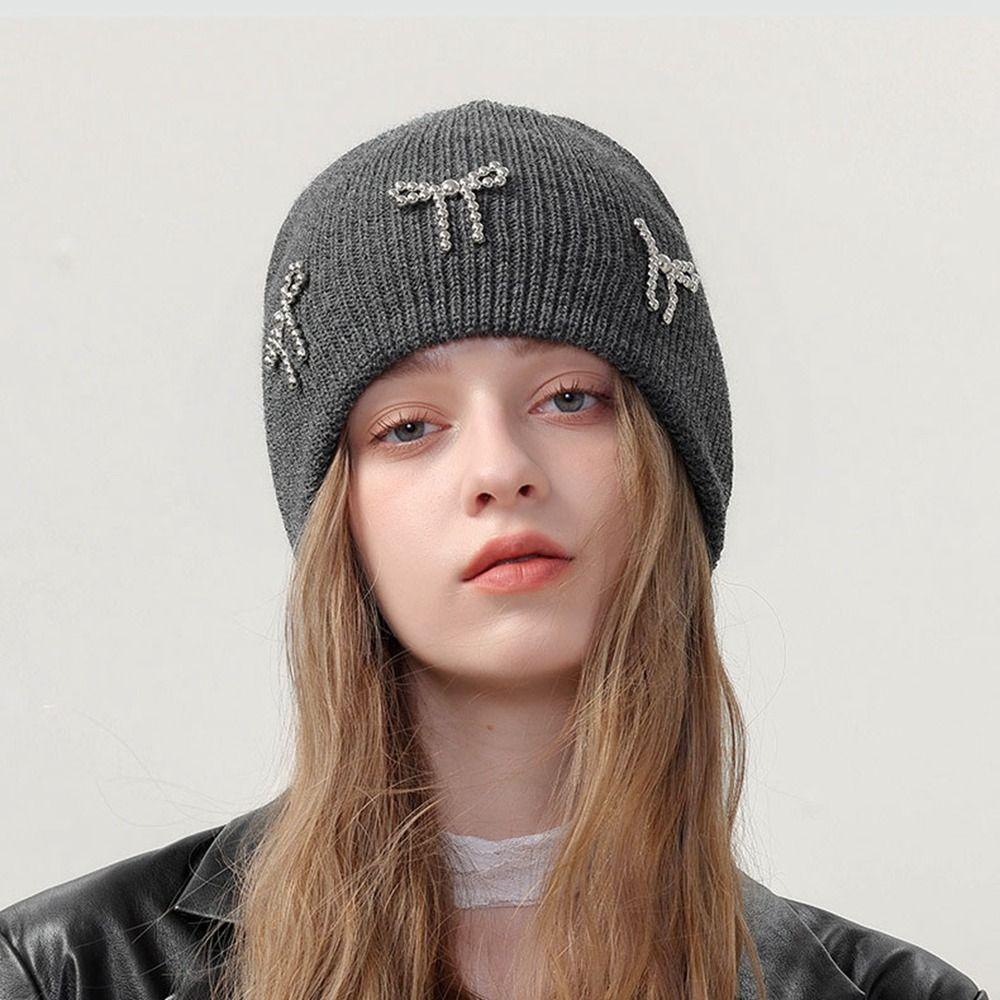 Bowknot Knitted Hat Wool Hat Knit Cap Cute Pearl Bow Beanies  Apparel Accessories