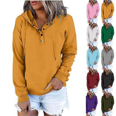 Women's Fashion Long Sleeve Solid Color Hooded Button Sweatshirt Top