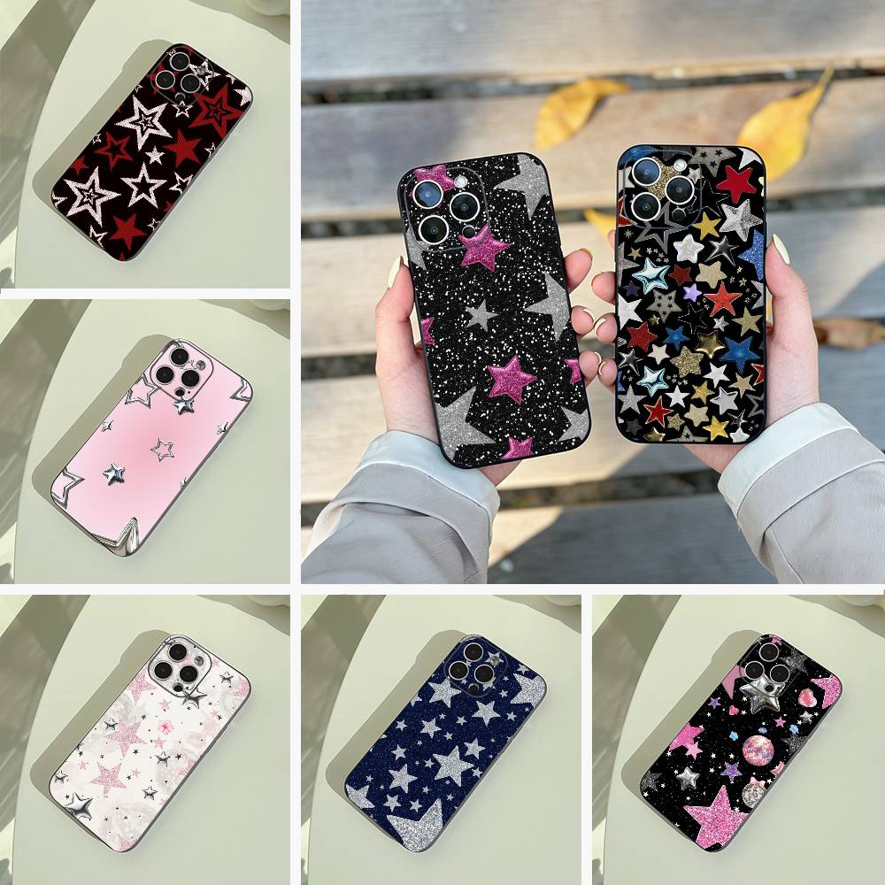 C-Colorful Star Phone Case For iPhone 17,16,15,14,13,12,11 Pro Max, Lightweight and practical Soft Black Cover