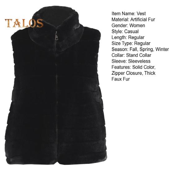 Women Vest Coat Faux Fur Stand Collar Zip-up Cardigan Sleeveless Solid Color Cozy Keep Warm Outerwear Daily Wear School Waistcoat