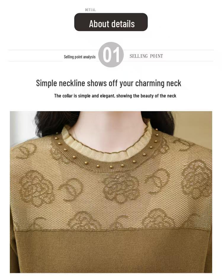 Damen Merino-Wolle Basisschicht mit Spitze und Lochmuster - Altersreduzierender Rundhals-Pullover für Herbst/Winter