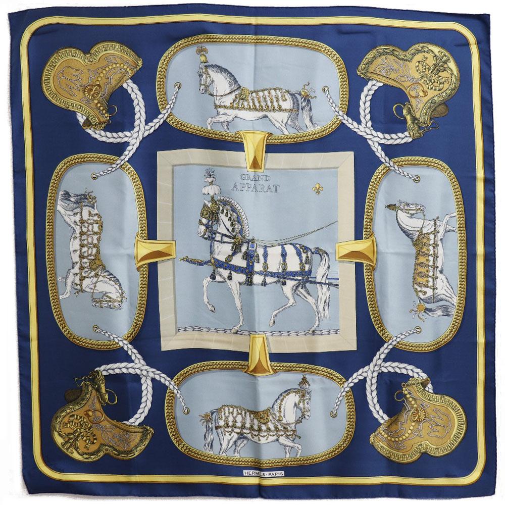 HERMES Carree90 scarf GRAND APPARAT Dressed horse Blue/yellow silk Women Used