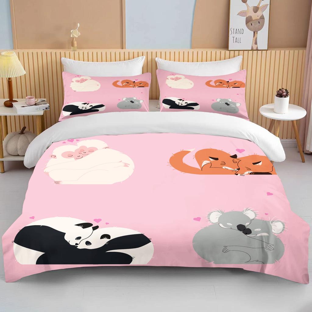 Niedliches Cartoon-Tierpaar Doppelbett-Bettdeckenset Bett Europäisches Bettwäscheset Heimtextilien Luxus-Kissenbezug Schlafzimmer-Bettwäscheset