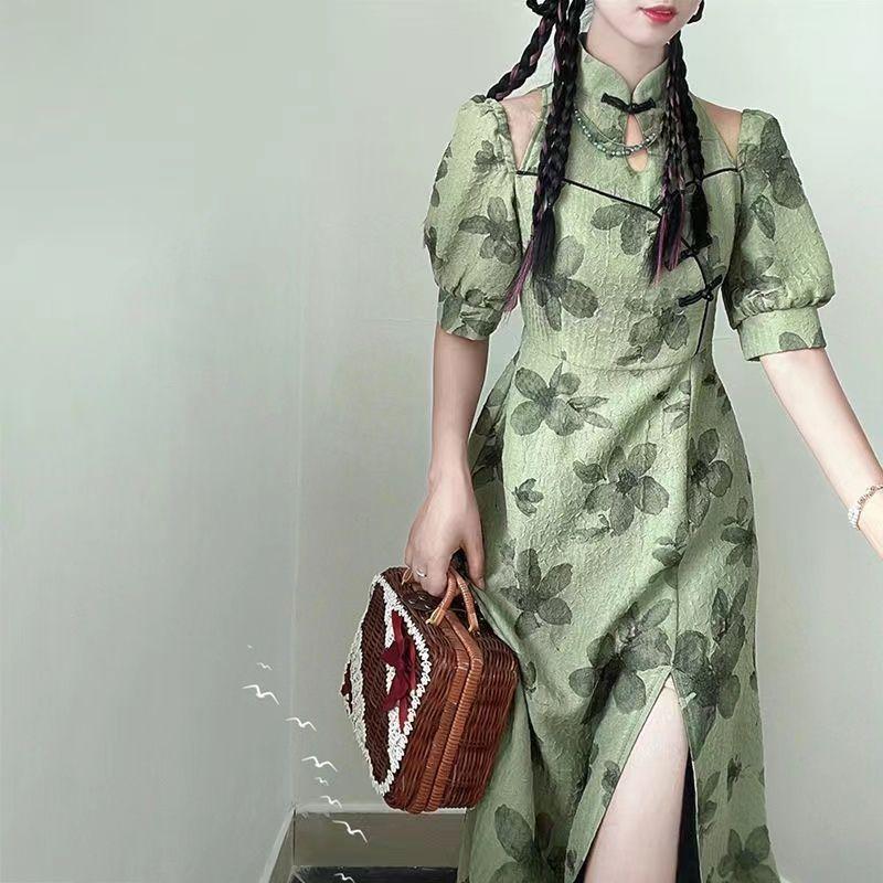 

Модифицированное платье Cheongsam средней длины с принтом в китайском стиле L зелёный