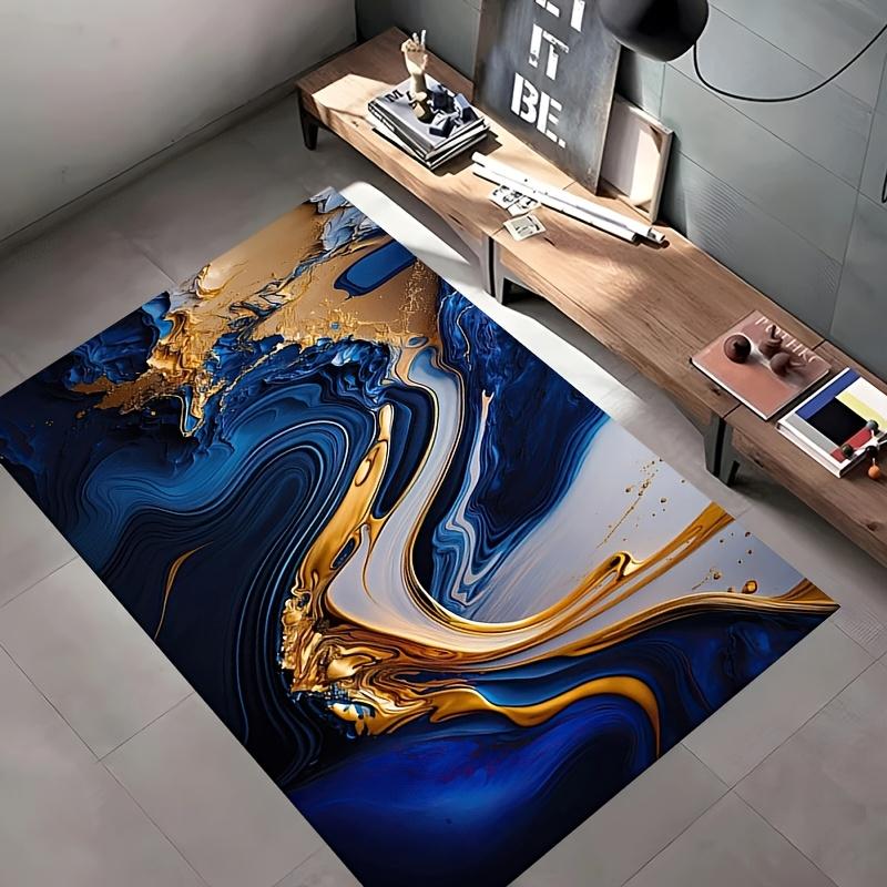 Crystal velvet blue marble pattern non-slip area carpet-suitable for living room, bedroom, family room decorative floor mat