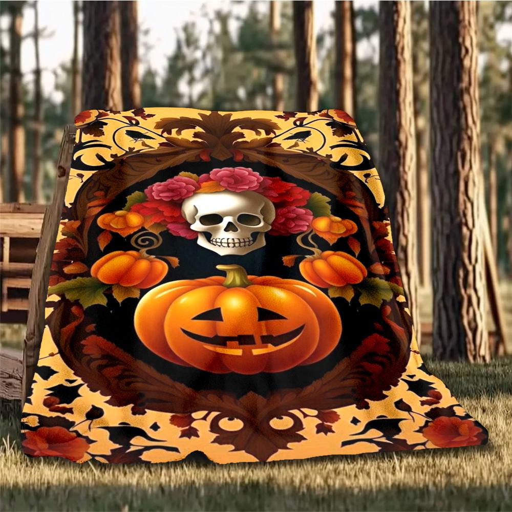 1pc Pumpkin Skull Art Print Outdoor Blanket, Lightweight Polyester,