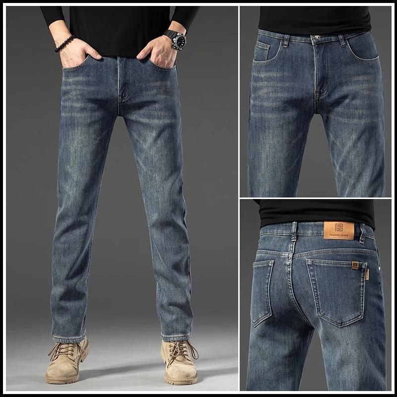 Spring And Autumn Winter New Men'S Plush/Regular Jeans Slimming Straight Stretch Business Versatile Long Pants