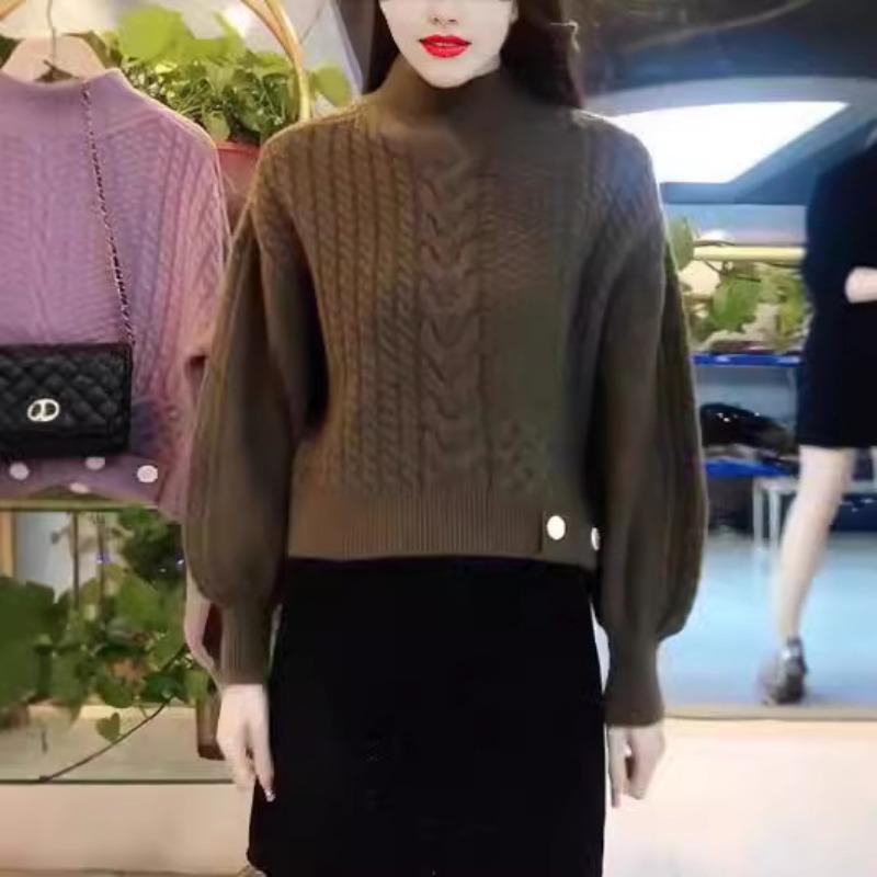 High-texture Semi-turtleneck Sweater Women's Pullover, Thick Autumn and Winter Retro Loose and Thin Long-sleeved Knitted Sweater